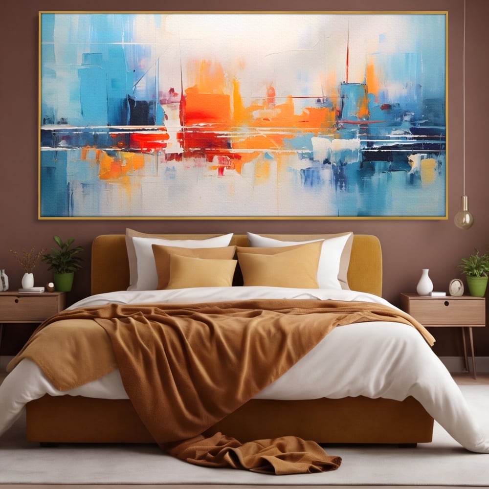 Tablou canvas cu pictura abstracta cu peisaj urban, in rama de aluminiu auriu, pe perete intr-un dormitor